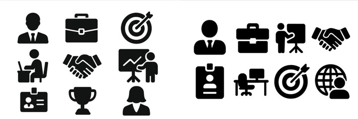 Poster - Business icons representing teamwork, success metrics, and professional growth in a corporate setting