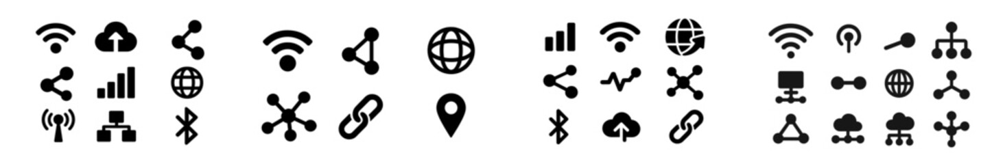 Fototapete - Collection of technology icons representing connectivity, data sharing, and networking concepts in black and white design