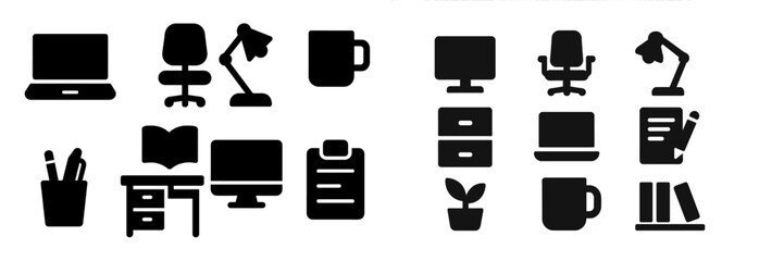 Aufkleber - Office workspace vector icons featuring furniture, equipment, and accessories for design and planning purposes