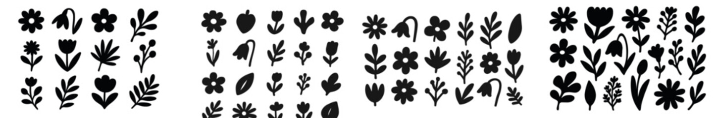 Poster - Black and white floral silhouettes showcase diverse plant designs for artistic inspiration and decoration