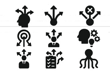 Poster - Collection of black icons representing decision making, brainstorming, and strategy concepts on a lined background