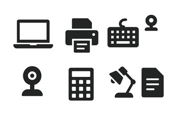 Poster - Icons representing office equipment and technology in a minimalist design suitable for digital interfaces or presentations