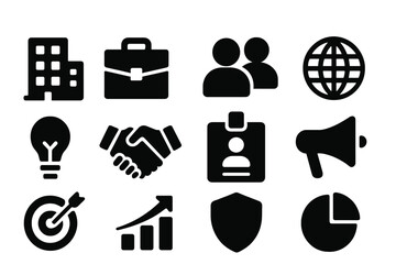Poster - Icons representing business concepts such as teamwork, communication, goals, and growth in a modern professional environment