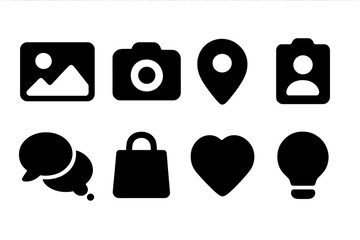 Aufkleber - Iconic black and white symbols representing photography, location, profiles, and communication in a simple design