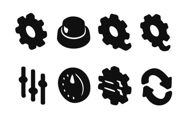 Poster - Graphic collection of black gear icons symbolizing industry, mechanics, and technology on a white background