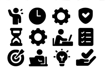 Poster - Icons representing time management, productivity, and task completion in a modern workspace setting