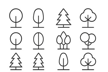 Poster - Various tree designs in minimalist style displayed in a grid layout emphasizes nature's beauty and simplicity