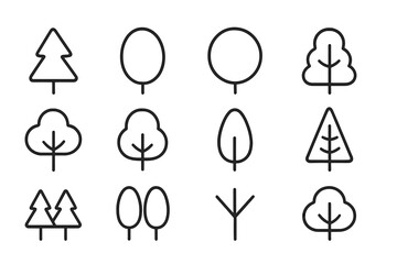 Poster - Collection of minimalistic tree illustrations showcasing various shapes and styles in a clean design suitable for nature themes