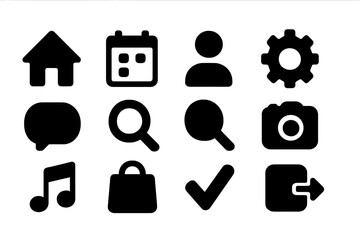 Fototapete - Collection of black icons representing common digital functions and tools for mobile or desktop interfaces in a simple design style