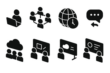 Poster - Various icons representing digital communication, collaboration, and online meetings in a modern workspace