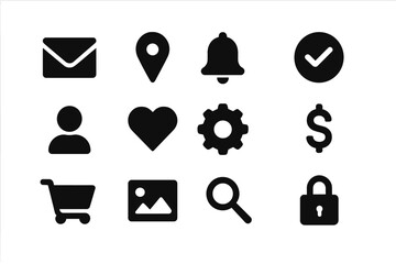 Fototapete - Collection of simple black icons representing various digital actions and concepts displayed on a clean background