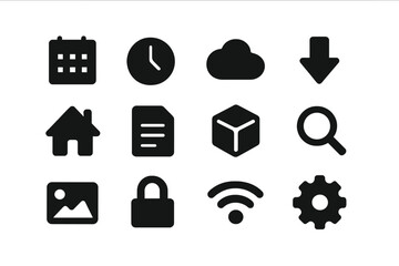 Fototapete - Collection of Black Icons Representing Various Digital Functions and Features for User Interface Design