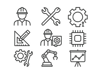Poster - Icons representing engineering, tools, and technology in a modern workspace for creative problem-solving
