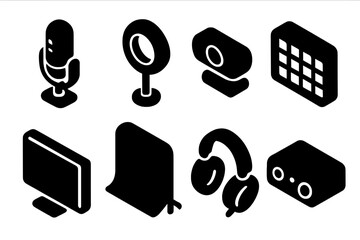 Poster - Various audio and visual equipment icons in a simple black and white design suitable for tech projects