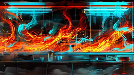 Poster - Abstract Kitchen Fire Design with Bright Flames and Modern Aesthetic