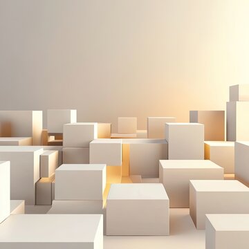 Abstract 3D rendering of off-white cubes in a minimalist, sunlit setting
