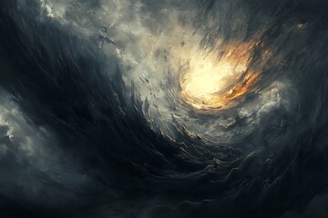 Poster - •  Dark abstract energy burst with swirling flames, smoke trails, and jagged edges