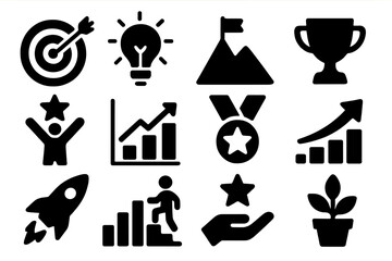 Poster - Symbols representing achievement, growth, and motivation captured in a minimalist style with black icons on a white background
