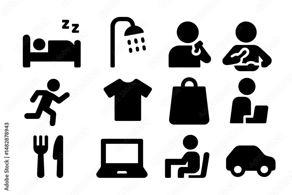 Daily routine icons depicting various activities in a minimalist style ...