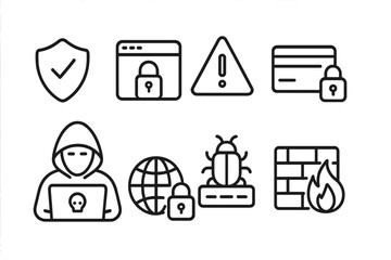 Poster - Cybersecurity symbols showcasing digital protection measures and threats in a modern tech landscape
