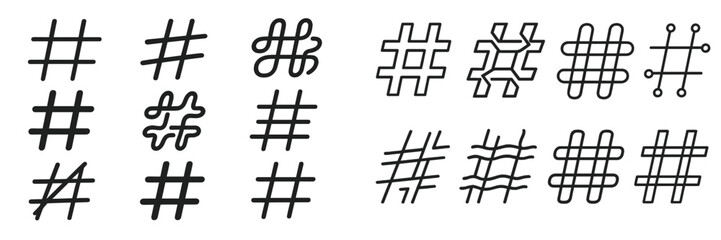 Poster - Various artistic representations of hash symbols showcased in black and white designs with unique styles and patterns