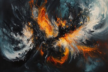 Poster - •  Dark abstract energy burst with swirling flames, smoke trails, and jagged edges