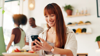 Poster - Phone, happy and woman in cafe with networking, communication or contact on mobile app. Smile, cellphone and female person chatting online for waiting on breakfast date in coffee shop or restaurant.
