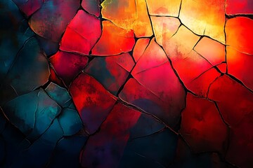 Poster - •  Intense abstract background with dark tones, glowing red streaks, and cracked textures
