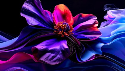 Poster - Stunning digital art of a vibrant, abstract flower with flowing petals, showcasing a gradient of purple, pink, and blue colors against a dark background