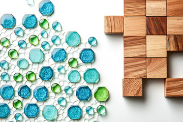 Poster - Artistic arrangement of wooden cubes with glass beads and mosaic effect on white background
