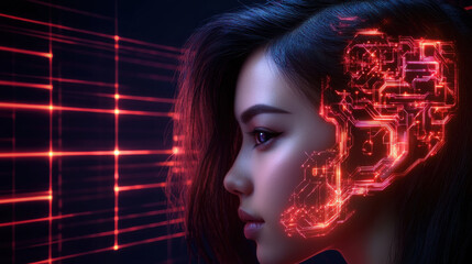Fototapete - Futuristic portrait of woman with sleek asymmetrical haircut, featuring glowing circuit patterns integrated into her hair. background is dark with vibrant red lines, creating high tech atmosphere