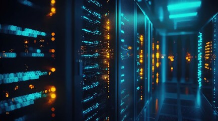 Poster - Modern data center interior with illuminated server racks glowing in blue and orange lights, ideal for AI, cloud storage, and cybersecurity presentations or digital service ads