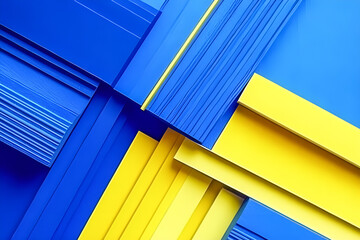 Poster - Abstract composition featuring intersecting geometric shapes in bright blue and yellow hues