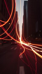 Fototapete - Peach Fuzz Light Streaks Illuminate The City Night, Dynamic Movement Shown By Abstract Trails Of Color, Creating A Vibrant Urban Energy. A Sense Of Modern Life With Flowing Light. Cityscapes, Roads,