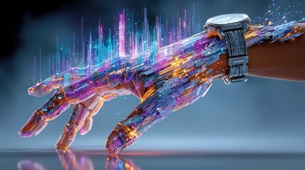 Poster - Futuristic Hands Guarding Time, a vibrant scene of digital age countdown, hands symbolize protection of time against a backdrop of dynamic economic growth and innovation