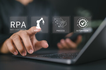Leinwandbilder - RPA, Robotic process automation concept. Digital transformation and change management, Business automation with AI. Man use laptop with RPA icons on virtual screen.
