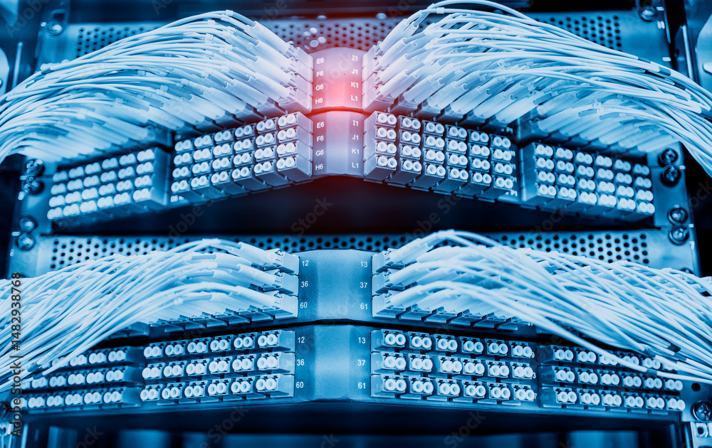 Fiber optic cable connect to communication Distribution point Stock ...
