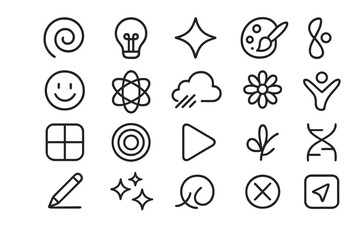 Poster - Collection of simple line icons representing creativity, science, and technology in a minimalistic design format