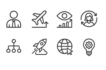 Poster - Icons representing business growth, travel, innovation, and technology showcasing a modern corporate environment