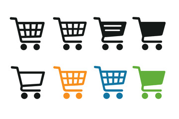 Fototapete - Variety of shopping cart icons in different colors and designs displayed on a plain background for digital use