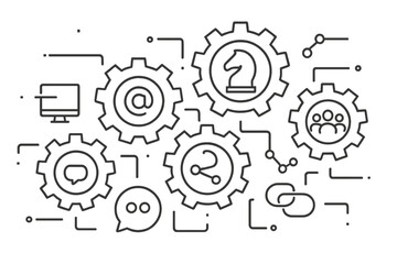 Poster - Creative representation of teamwork and strategy through gears and symbols in a digital workspace