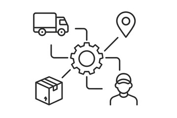 Poster - Logistics management system connecting delivery truck, location marker, package, and worker for efficient operations