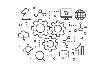 Poster - Graphic representation of gears and technology symbols illustrating engineering concepts and digital analytics in a modern workspace