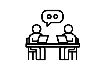 Poster - Two people engage in discussion while using laptops at a table in a modern workspace during daylight hours