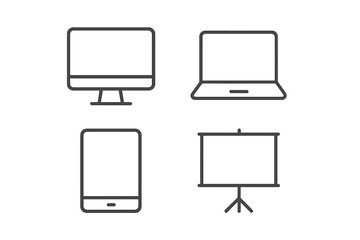 Poster - Various electronic devices including desktop, laptop, tablet, and projector screen displayed together in a minimalistic design