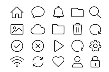 Fototapete - Various outline icons representing common digital tool functionalities and interfaces for user experience, including home, search, and settings
