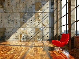 Poster - Modern Interior with Red Chair and Abstract Wall Design in Daylight