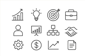 Poster - Business growth symbols depicting a variety of concepts like strategy, finance, and collaboration in a minimalist style