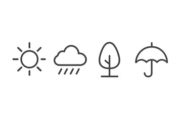 Poster - Weather symbols represent sun, rain, tree, and umbrella in simple line art design reflecting climate changes