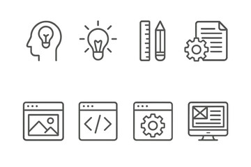 Poster - Icons representing creative thinking, design, and technology concepts in a minimalistic style